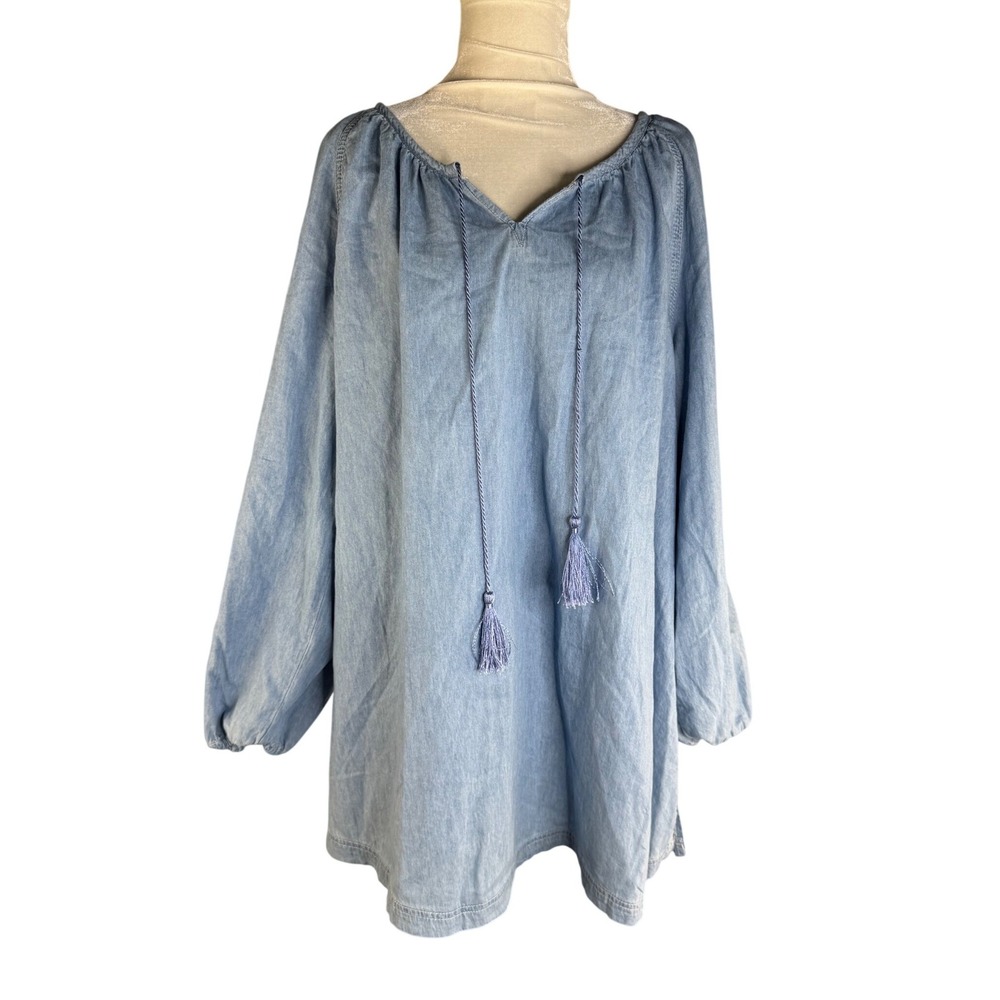 Ellos Light Wash Chambray Tassel Tie Tunic Top Blue Boho Peasant Blouse 18/20 L